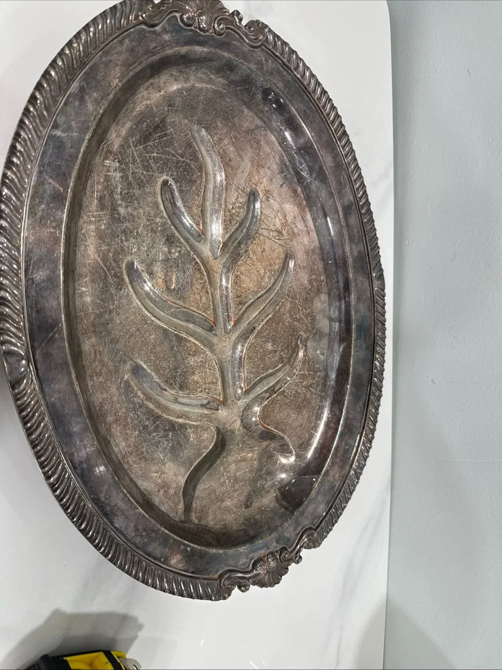 Silver-copper  Decorative Oval Serving Tray with Leaf Motif,  vintage